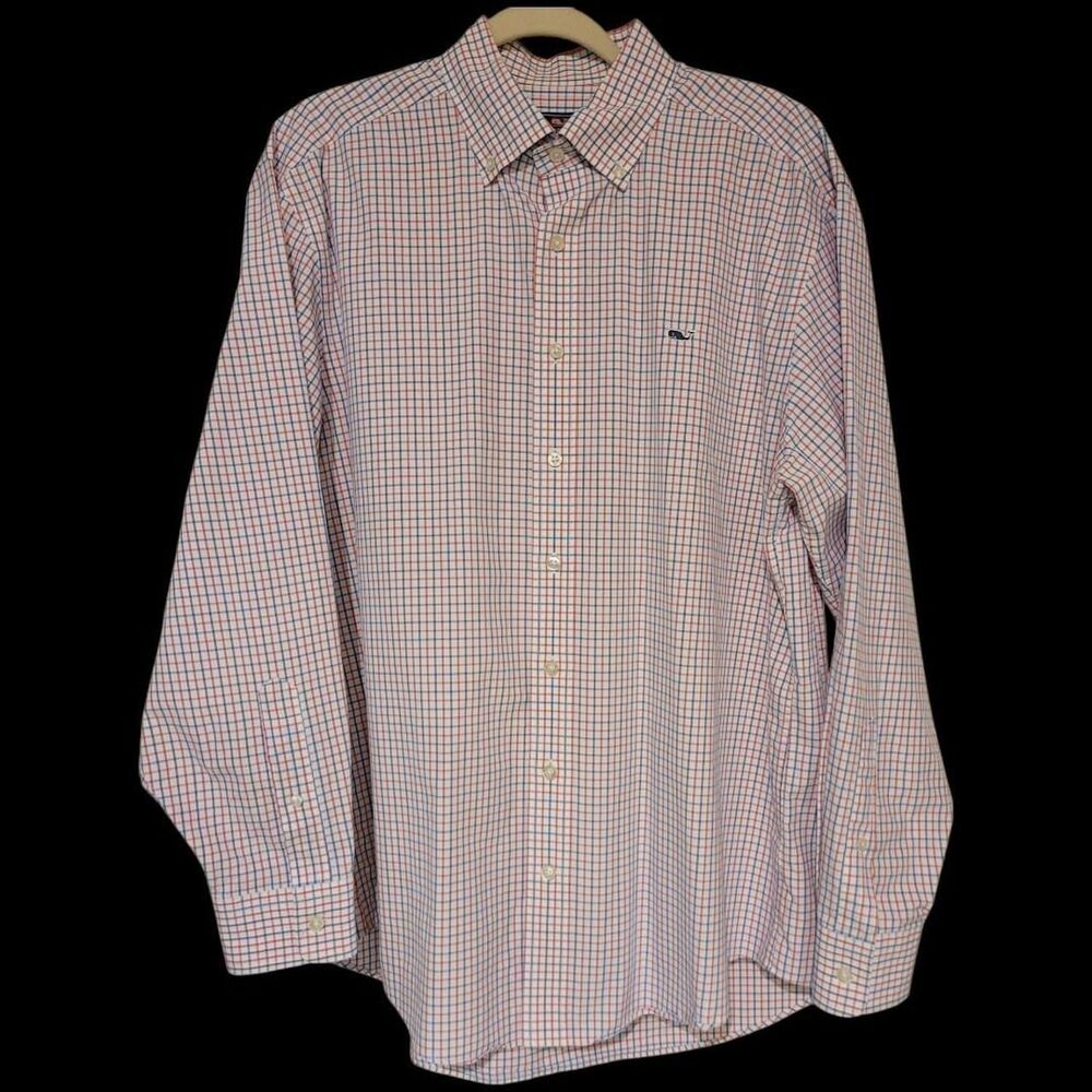 Vineyard Vines White Blue Red Checked Button Front Long Sleeve Whale Shirt Large
